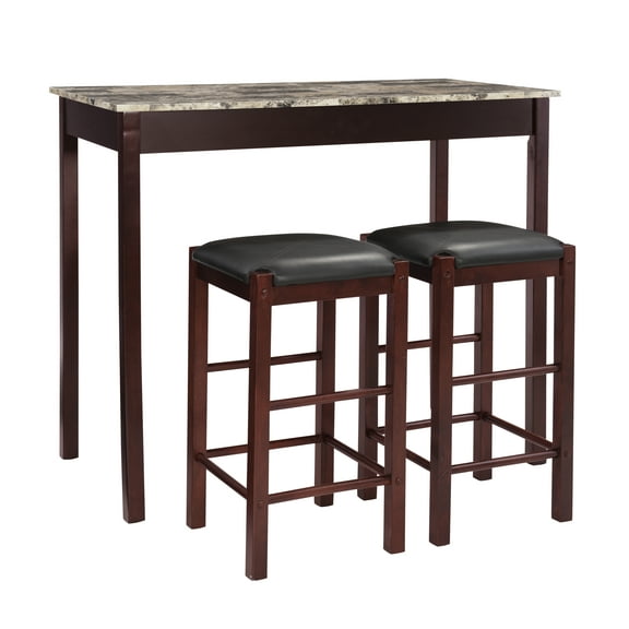 Linon Lancer 3-Piece Transitional Indoor Tavern Set, Espresso/Faux Marble/Black Vinyl