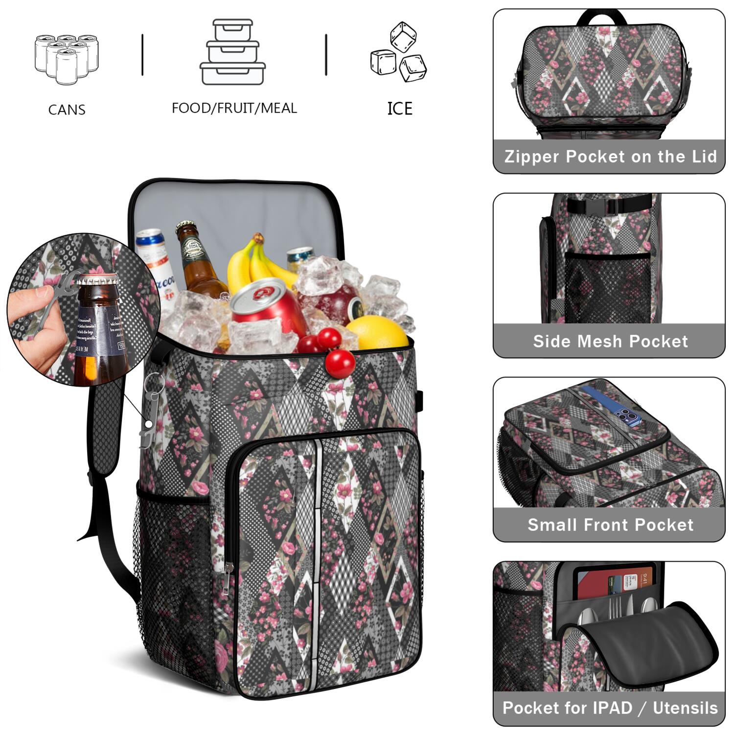 Travel Cooler Bag - Pioneer Flower Camping Beer Cooler Backpack with Bottle Opener- Waterproof Insulated Picnic Backpacks - Cooler Bag for Beach