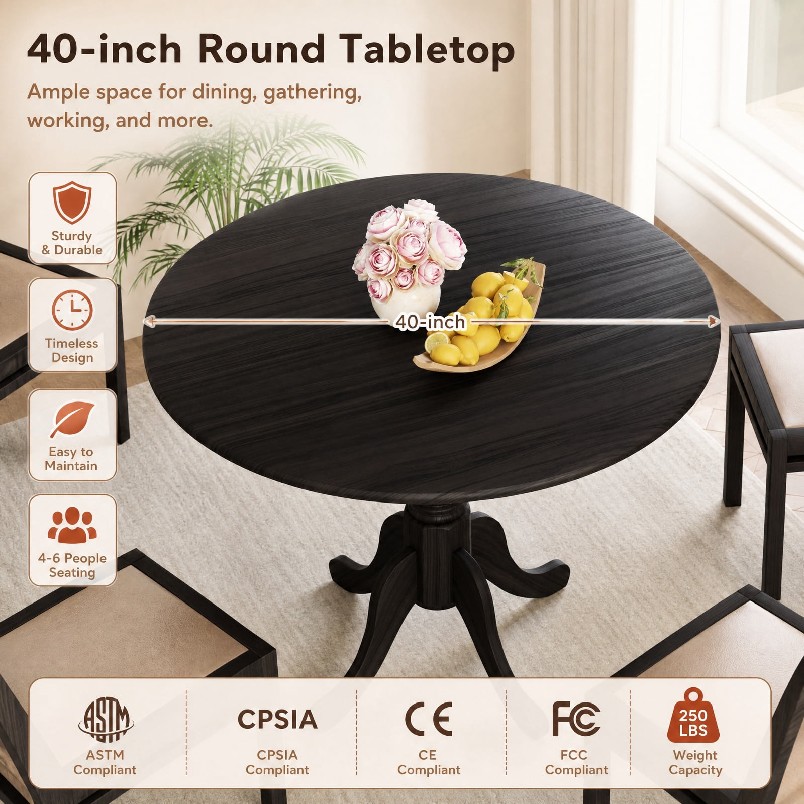 Furnibear Wooden Round Dining Table for 4 with Curved Trestle Legs and Adjustable Foot Pads for Kitchen and Dining Room, Black