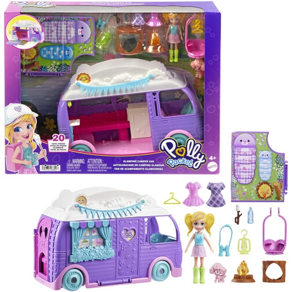 Polly Pocket Doll & Pet Playset, Travel Toy with Camping & Food Accessories, Glamping Camper Van