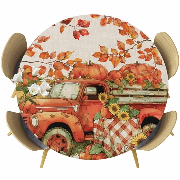 Orange Truck Fall Table Cloth, Round Fitted Tablecloths with Elastic Edge, Autumn Floral Pumpkins Harvest Wipeable Waterproof Table Cover for Kitchen Wedding 55-60 Inches