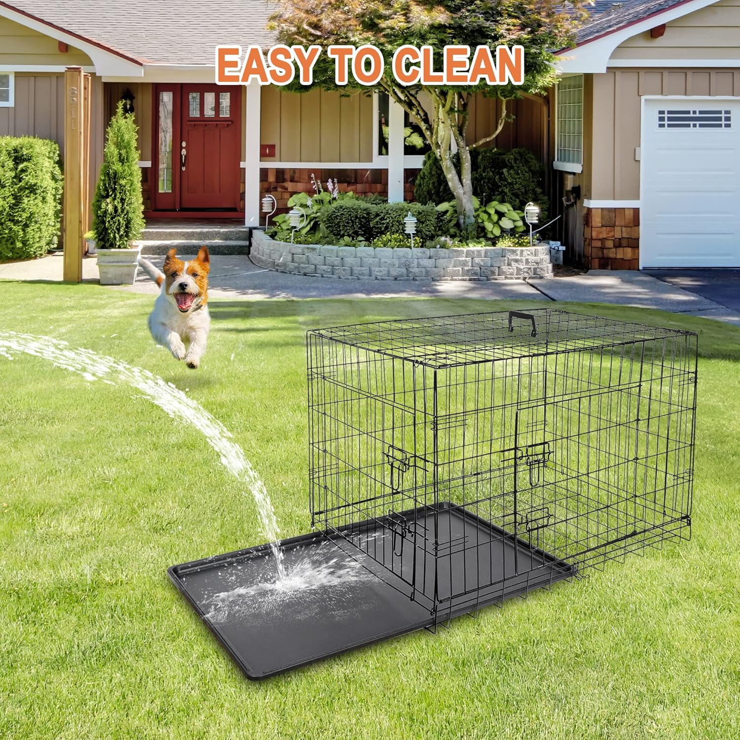 42 inch Dog Crate for Medium Large Dogs Folding Metal Dog Cage Kennel Double Door Pet Crate with Divider and Tray, Black