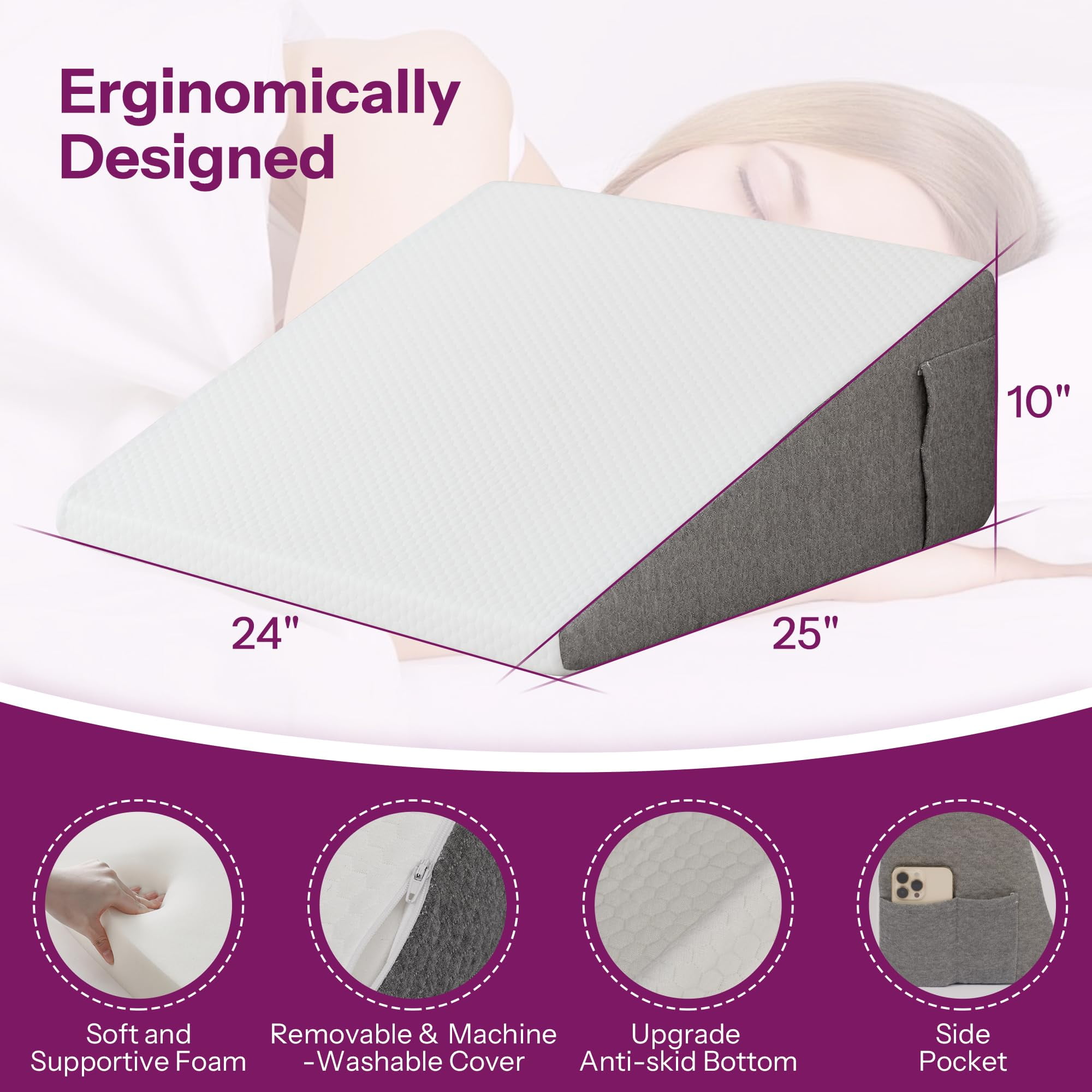 Bed Wedge Pillow with Foam Top for Sleeping, 10 Inch Elevated Support Triangle Pillow for Reading and Rest, Bed Pillow for Legs and Back Support with Washable Cover