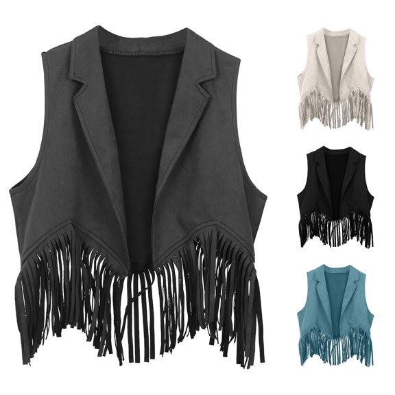 WAYUTE Girls Shirts Cowboy Outfits Open Front Fringe Vest Party Dress Up Tassel Fringe Waist Solid Color Performance Coat Tops Outdoor Casual,Dark Gray