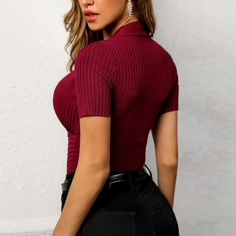 Womens Deep V Neck Blouse Summer Solid Color Ribbed Knit Crop Top Tee Shirt  Comfy Casual Short Sleeve T-Shirts Elegant Tee(L,Red)