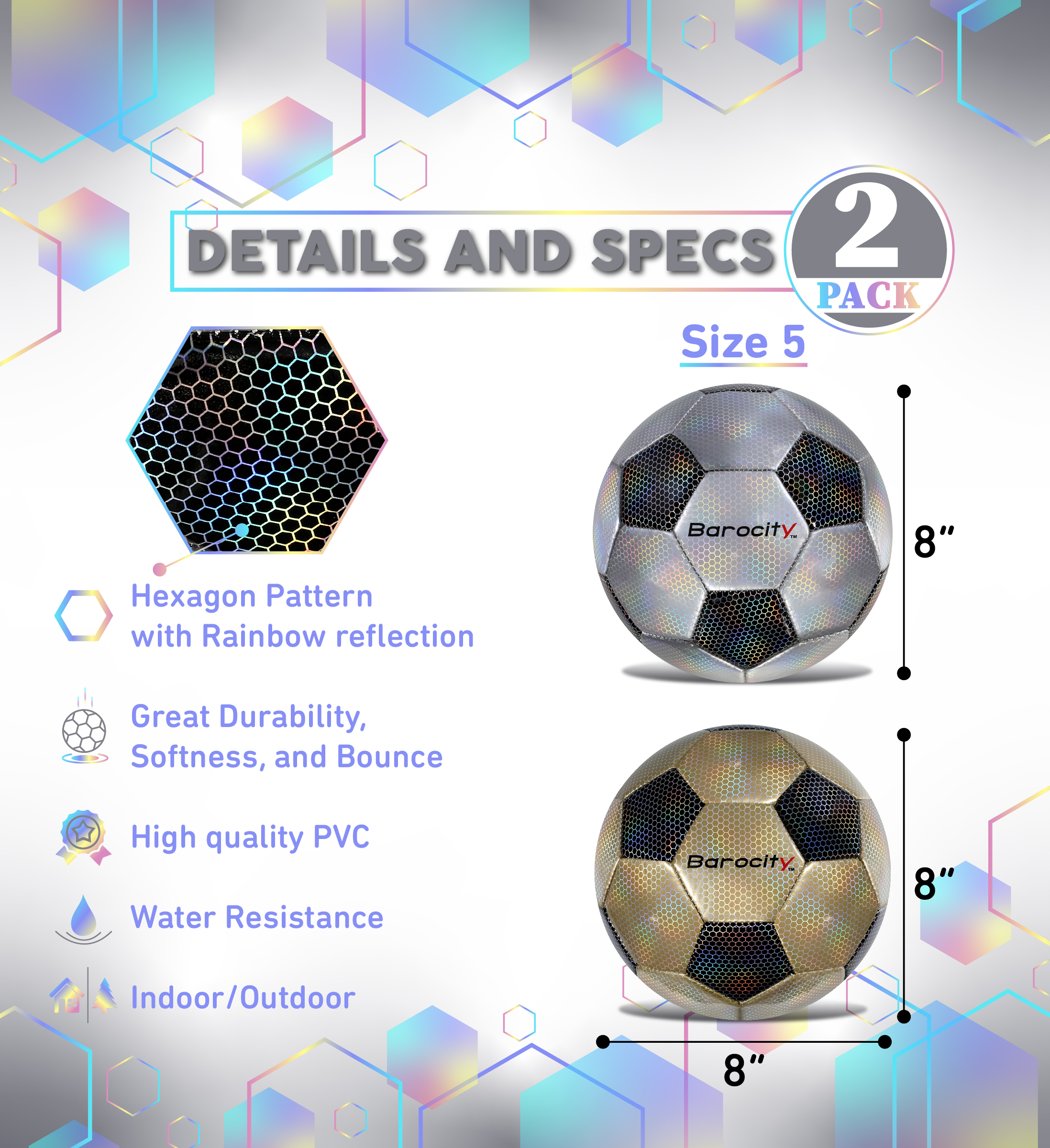 Barocity Classic Modern Pattern Soccer Balls Set of 2 - Classic Gold, Silver Official Match Ball with Reflective Hex Pattern, Sport Soccer Balls for Indoor and Outdoor Training and Practice - Size 5