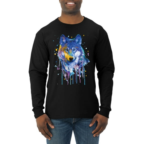 Wolf Painting Splatter Abstract Art Animal Lover Mens Long Sleeve Shirt, Black, Small