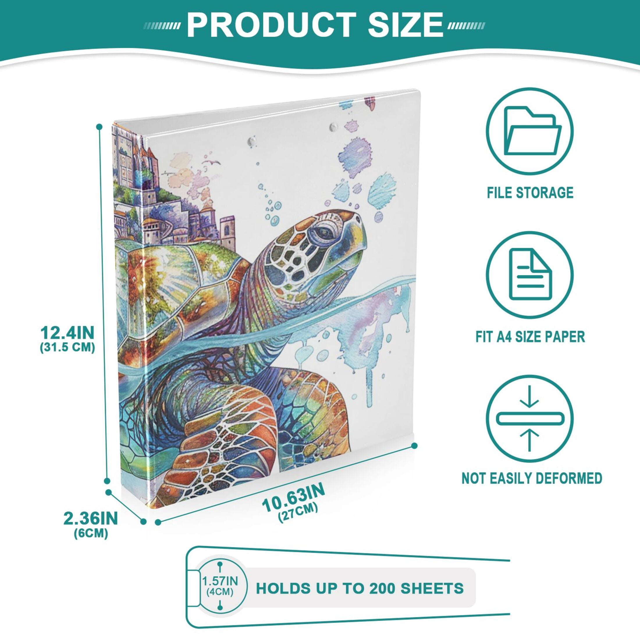 Sea Turtle City 3 Ring Binders 1.5 inch Hardcover File Folders with Interior Pockets A4 Size Organizer for School Office Hospital