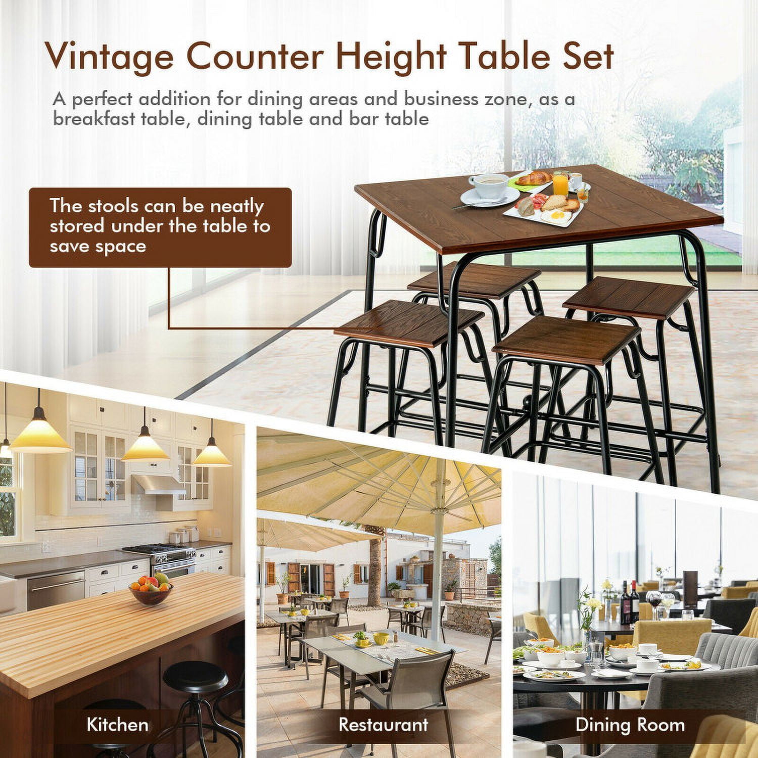 Finihen Dining Set, Dining Table Set, 5 Pieces Bar Table Set with 4 Counter Height Backless Stools, for Home, Restaurant, Rustic Brown Finihen Dining Set, Dining Table Set, 5 Pieces Bar Table Set with 4 Counter Height Backless Stools, for Home, Restaurant, Rustic Brown