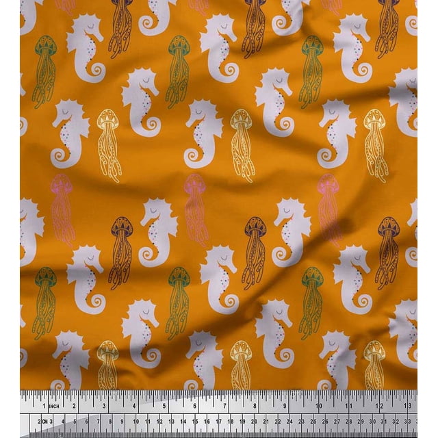 Soimoi Poly Georgette Fabric Jellyfish & Seahorse Ocean Decor Fabric Printed Yard 42 Inch Wide