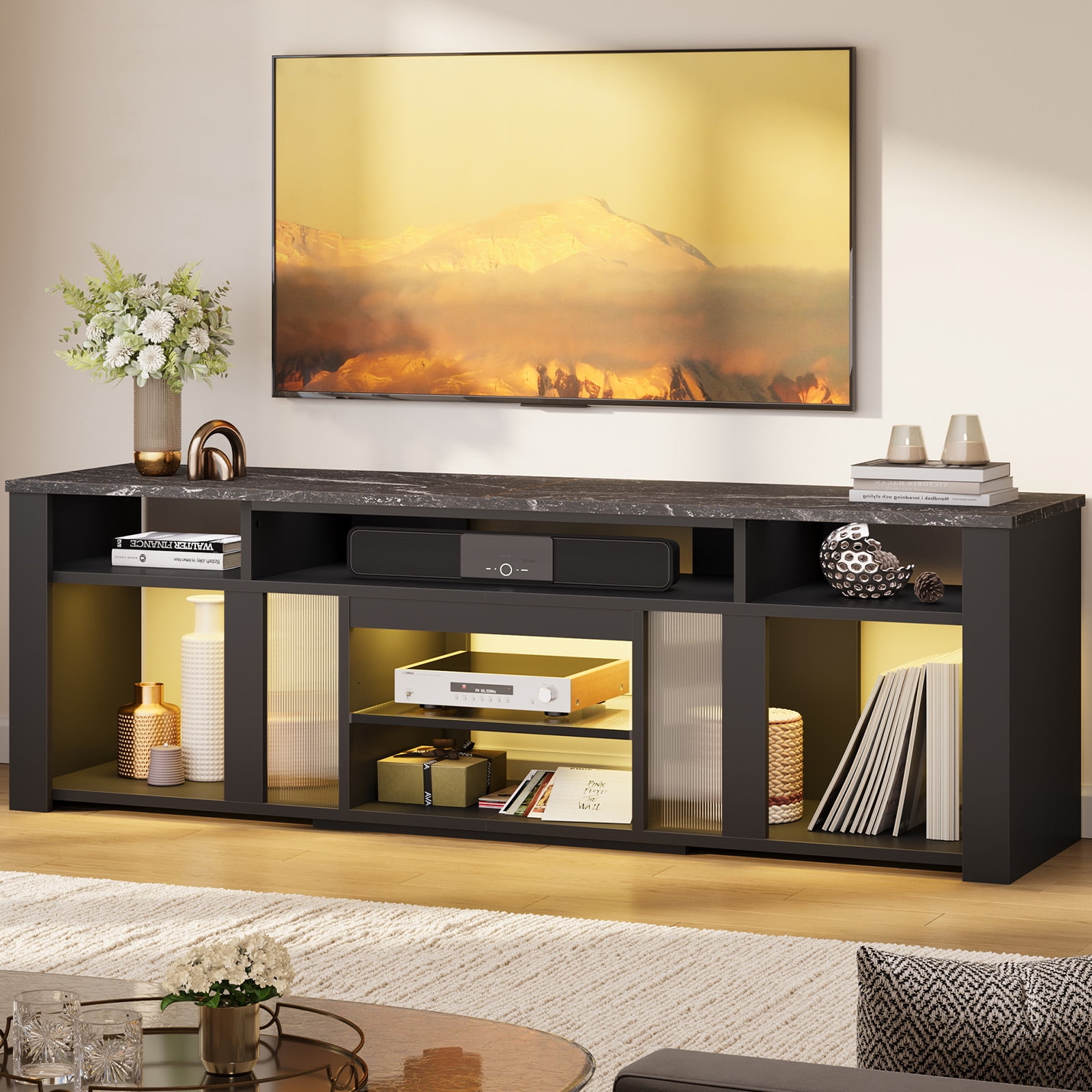 Bestier TV Stand for TVs Up to 85",Modern Entertainment Center for Living Room/Gaming Room,with Deep Storage Cabinet & Adjustable Shelves, Dynamic LED Lights,Black