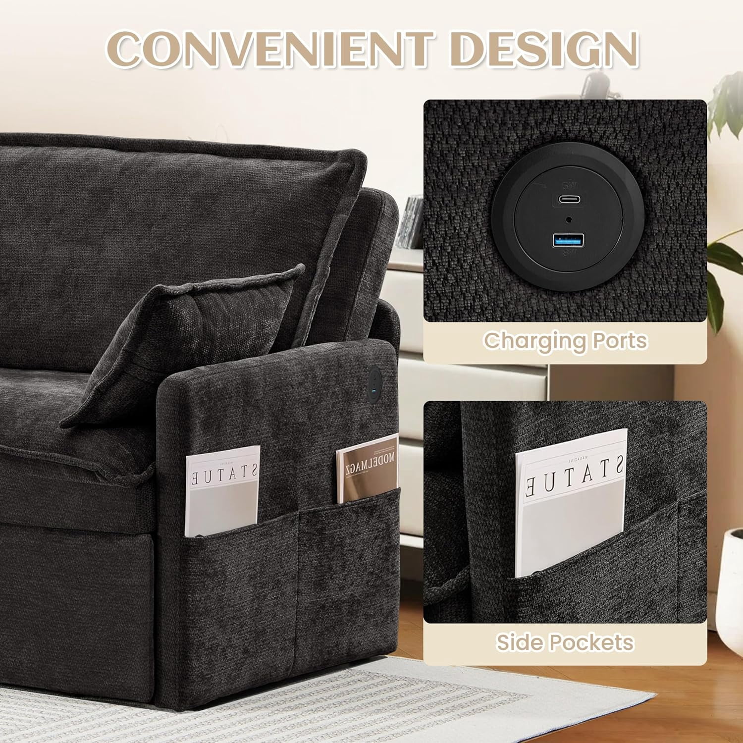 Modern Convertible Sleeper Sofa with USB Charging, Queen-size Corduroy Upholstery Sofa Bed, Black