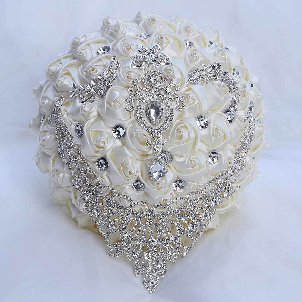 Namzi 1 Piece Vintage Wedding Bouquet, Satin Ribbon Rhinestone Bridal Bouquet, Ideal for Vintage Theme Evening Wedding Celebrations,Beige