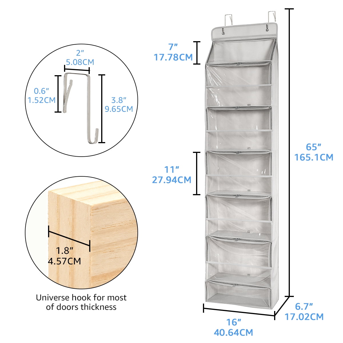 Over the Door Yarn Storage Organizer with 6 Large Clear Pockets, Hanging Wall Mount Knitting & Crochet Supplies Holder for Craft Room, Closet, Door - Space Saving Yarn Skein Organizer (Grey)