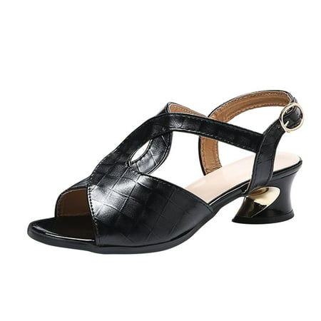 

Gzea Womens Sandals Comfortable Dressy Ladies British Style Solid Color Leather Open Toe Thick Heel Buckle Fashion Sandals Black 37