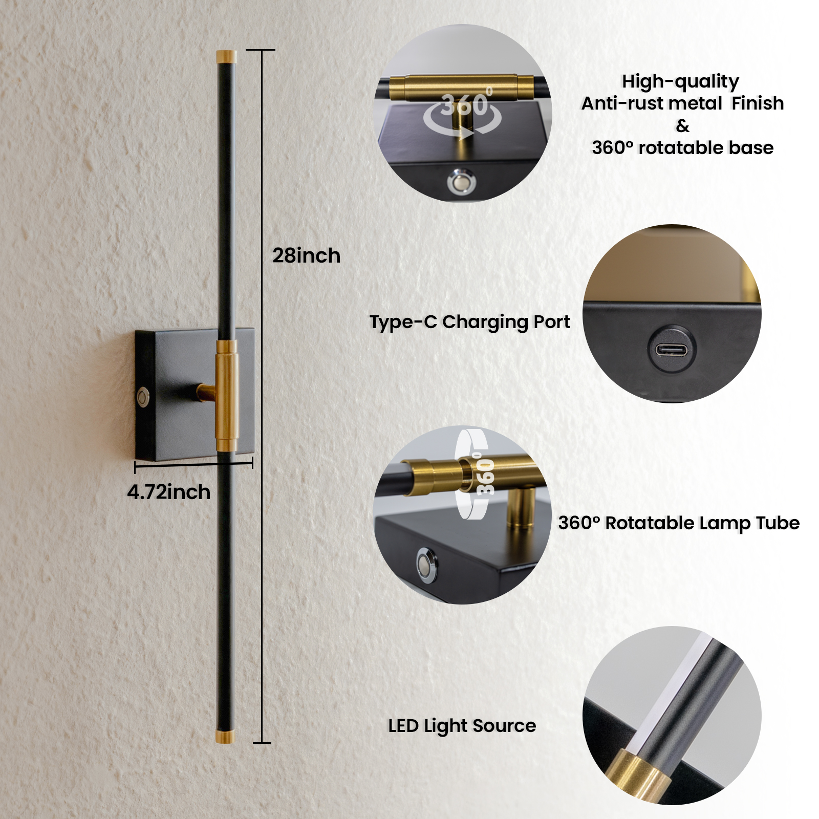 URLIGHTS Battery Operated Wall Sconce Set of 2,Wireless Magnetic Wall Light with 3 Color Lighting,Remote Control Touch Button,28 Inch Metal Wall Lamp for Bedroom,Living Room