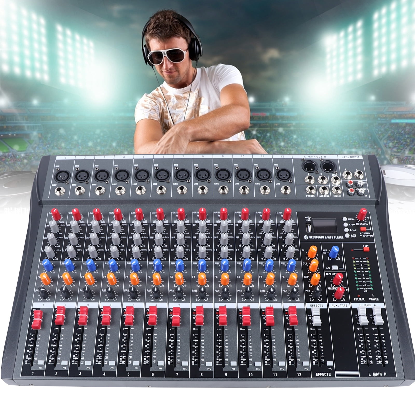 Aiqidi Professional 12 Channels Live Audio Mixer Bluetooth USB DJ Sound Mixing Console Amplifier with 6 Modes of Music