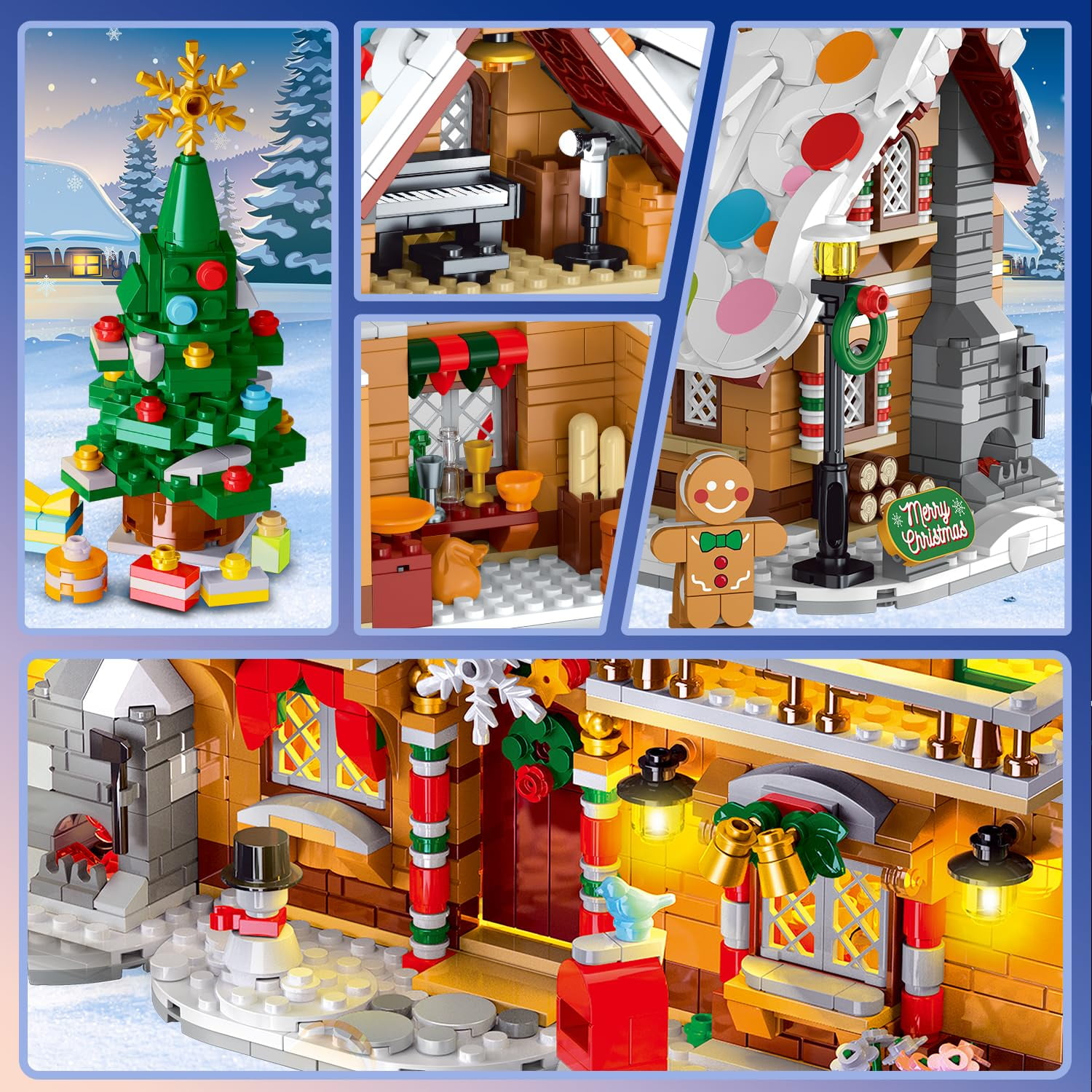 HOGOKIDS 1397PCS Christmas Gingerbread House Building Set, 3-in-1 Holiday Village Model with Santa Claus, Christmas Tree and Mini Figures, Building Blocks Set for Adults and Kids Ages 8+