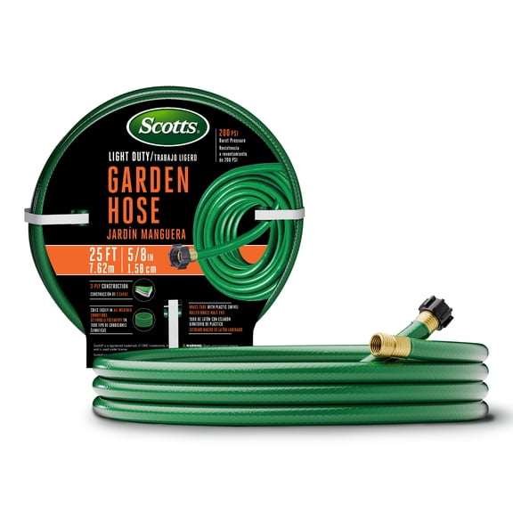 Scotts 25 ft. Light Duty Garden Hose – 5/8 in. Diameter, 3-Ply Construction, 200 PSI, High-Pressure, Easy-to-Coil Water Hose with Crush-Resistant Couplings, Easy to Connect for Lawn and Garden Use