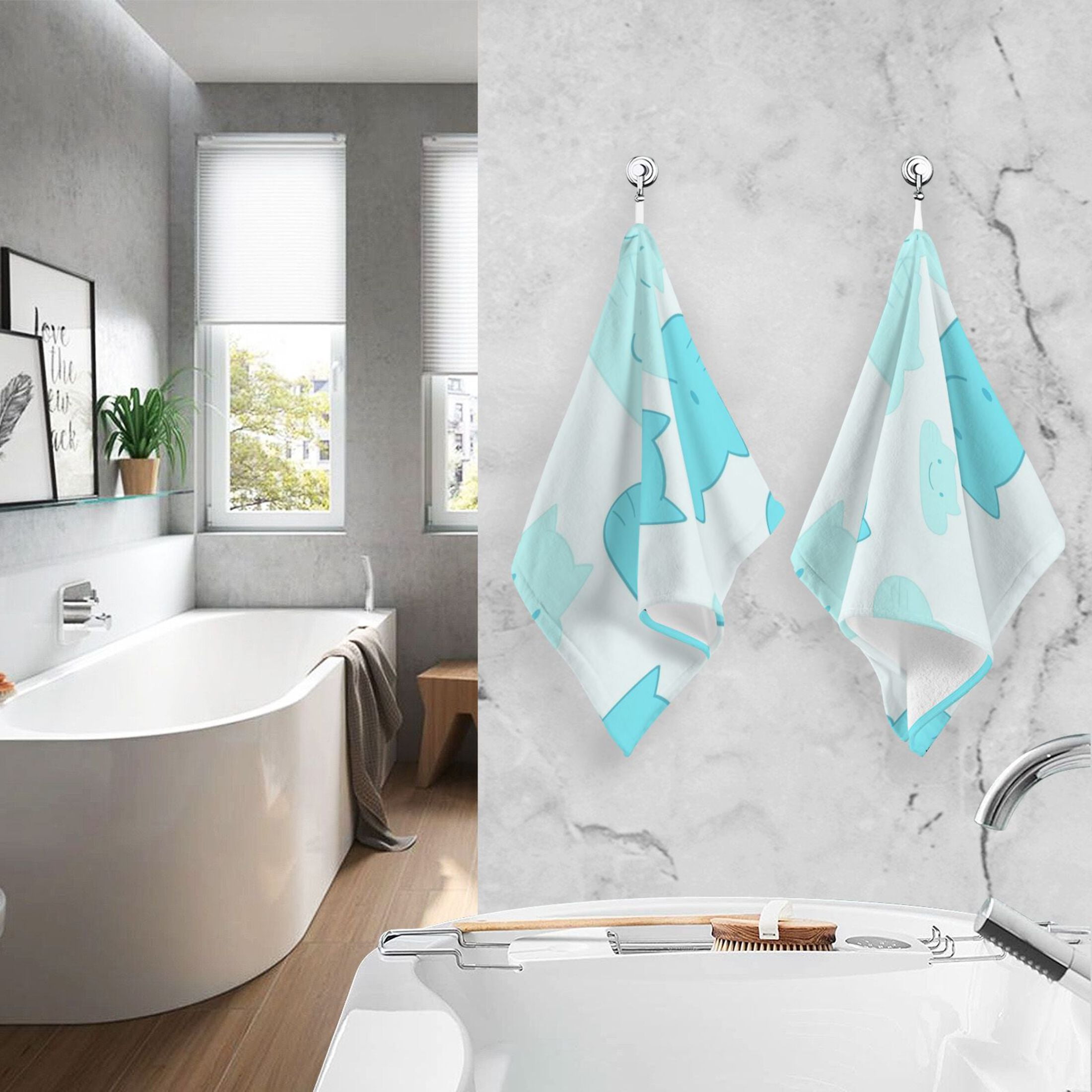 Cat Faced Clouds Pattern Set of 2 Pure Cotton Towels, 16'' x 28'', Highly Absorbent and Soft