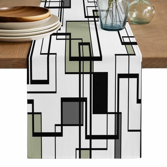 Sage Green Geometric Table Runner, Simple Black Gray Abstract Striped Washable Cotton Linen Table Runners 72 Inches Long, Dresser Scarf Runner for Dining/Coffee/Kitchen/TV Stands/Cabinets 13''x72''