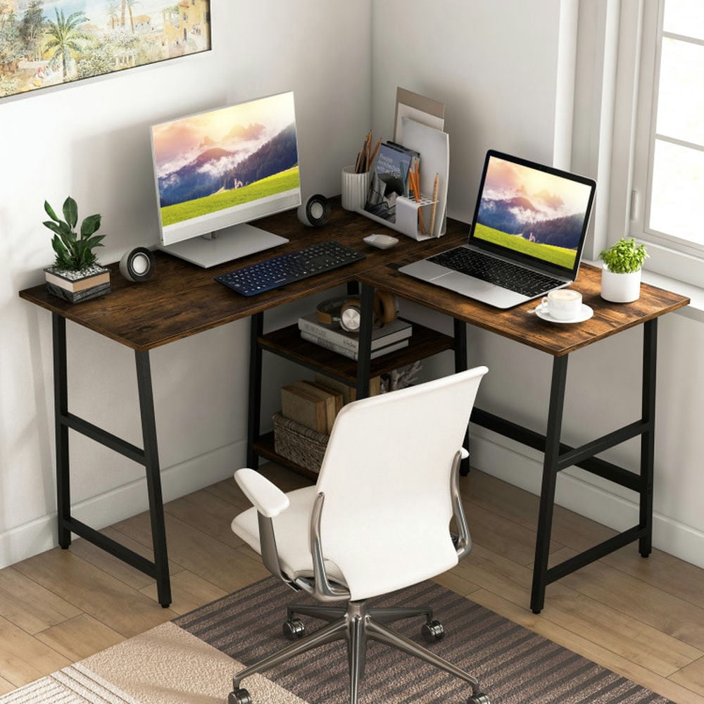 Kadyn L-Shaped Desk, Corner Computer Desk, Home Office Desk, L Shaped Corner Computer Desk with Storage Shelves-Brown