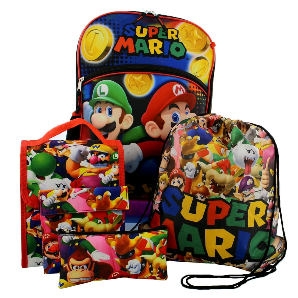 Super Mario Bros. Super Mario Boys Girls 5 piece Backpack Lunch Bag