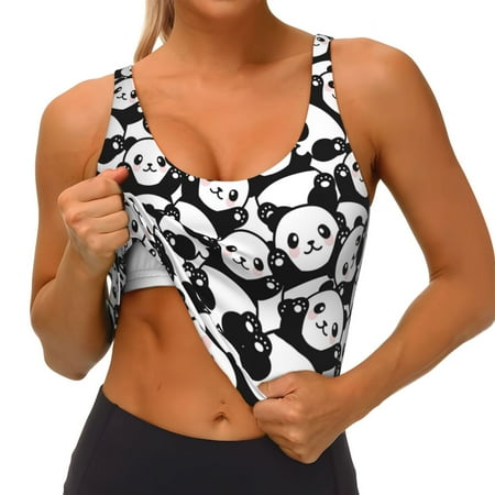 Qokaie Cute Panda (3) Pattern Womens Scoop Neck Sports Bra Breathable Workout Vest Padded U Back Medium Impact Fitness Gym Yoga Bra Workout Crop Top