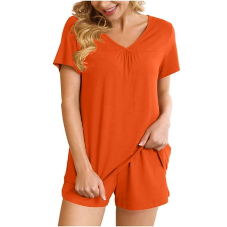 Scyoekwg Two Piece Outfits for Women Lounge Sets Loose Solid Color Trendy Short Sleeve V-Neck Tops Shorts Home Pajamas Sets Casual Sweatsuits Sets Sports Set (Orange XL)