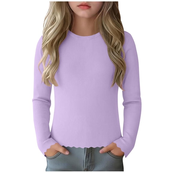 Gytharion Kids Long Sleeve Shirts for Girls 5-16 Years, Spring Solid Casual Crew Neck Pullover Top Teen Girls Soft Comfy Ribbed Knit Blouses
