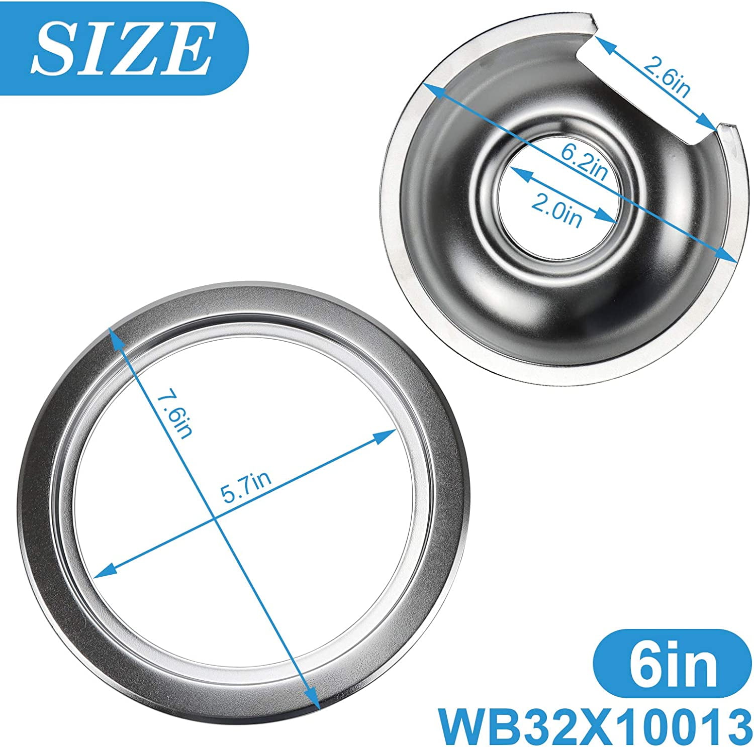WB32X10013 WB32X10012 Chrome Stove Burner Drip Pan Set 4-Pack Fits for GE Hotpoint Electric Range by  Replacement Parts (3) 6" Pan/Ring & (1) 8" Pan/Ring