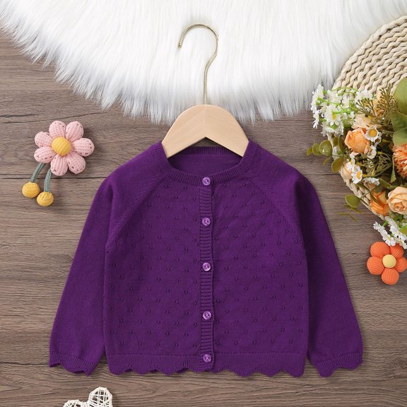 CUZIBR Baby Girls Cardigan Sweater Knit Button Up Scalloped Sweaters Long Sleeve Crew Neck Soft School Outwear,Purple,18-24 Months