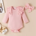 thumbnail image 5 of URMAGIC Newborn Baby Girl Clothes Infant Girls Outfits Ribbed Ruffled Long Sleeve Romper Bodysuit Pants Headband Set 0-18 Months, 5 of 10