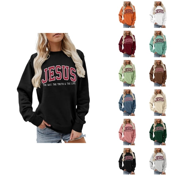 Women's Christmas Sweatshirt 2025 Long Sleeve Crewneck Jesus The Way The Truth The Life Christian Sweat Shirts Pullover Top