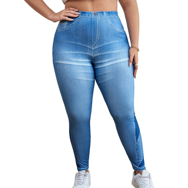 MAWCLOS Women Fake Jeans High Waist Faux Denim Pant Slim Leg Plus Size  Leggings Long Running Tummy Control Pencil Pants Blue 4XL 