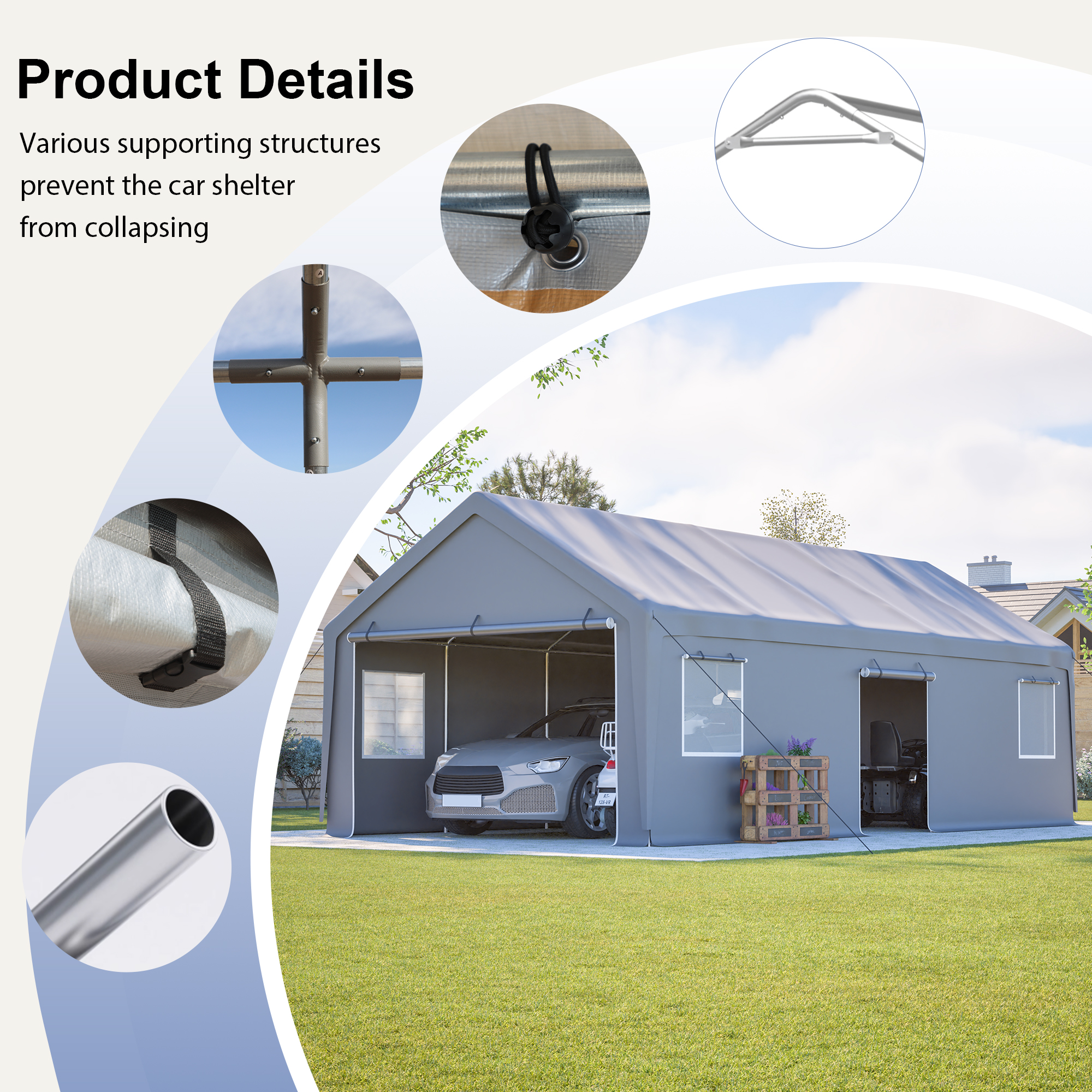 LZBEITEM 13x26 ft Heavy-Duty Modular Carport with 5-Zone Divider, Galvanized Steel Frame Portable Outdoor Garage PE Waterproof Cover, Roll-up Sidewall，Ventilated Windows, UV Snow Wind Proof
