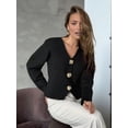 thumbnail image 5 of Cropped Cardigan Sweaters for Women V Neck Long Sleeve Gold Button Down Knit Cardigan Tops Black L, 5 of 9