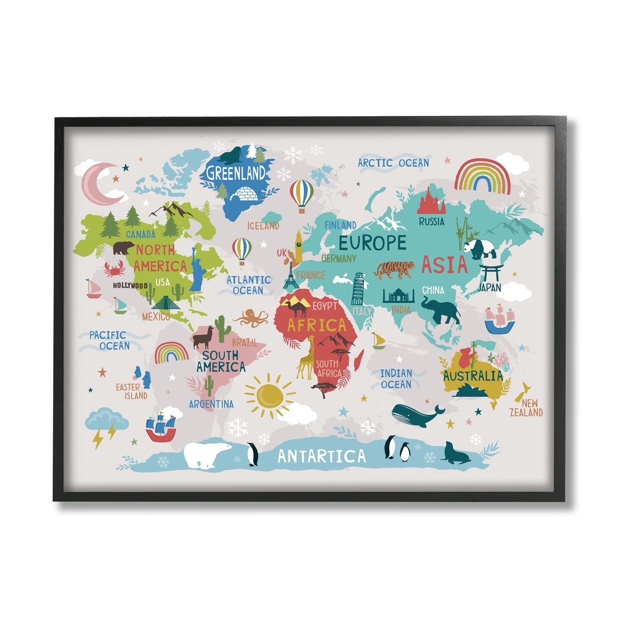 Stupell Industries Landmarks & Wildlife Illustration World Map Diagram Chart Framed Wall Art, 30 x 24, Design by Lisa Perry Whitebutton