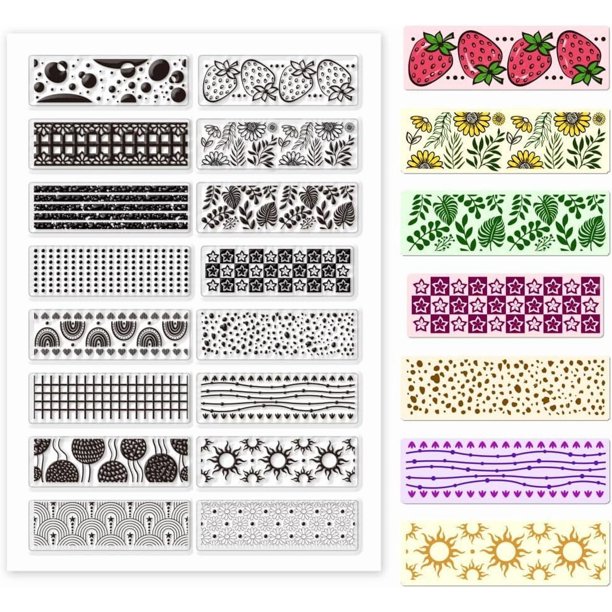 Sello transparente con diseño adorable, 16 estilos de dibujos animados de frutas, flores y cuadros. Sello de silicona transparente de goma.