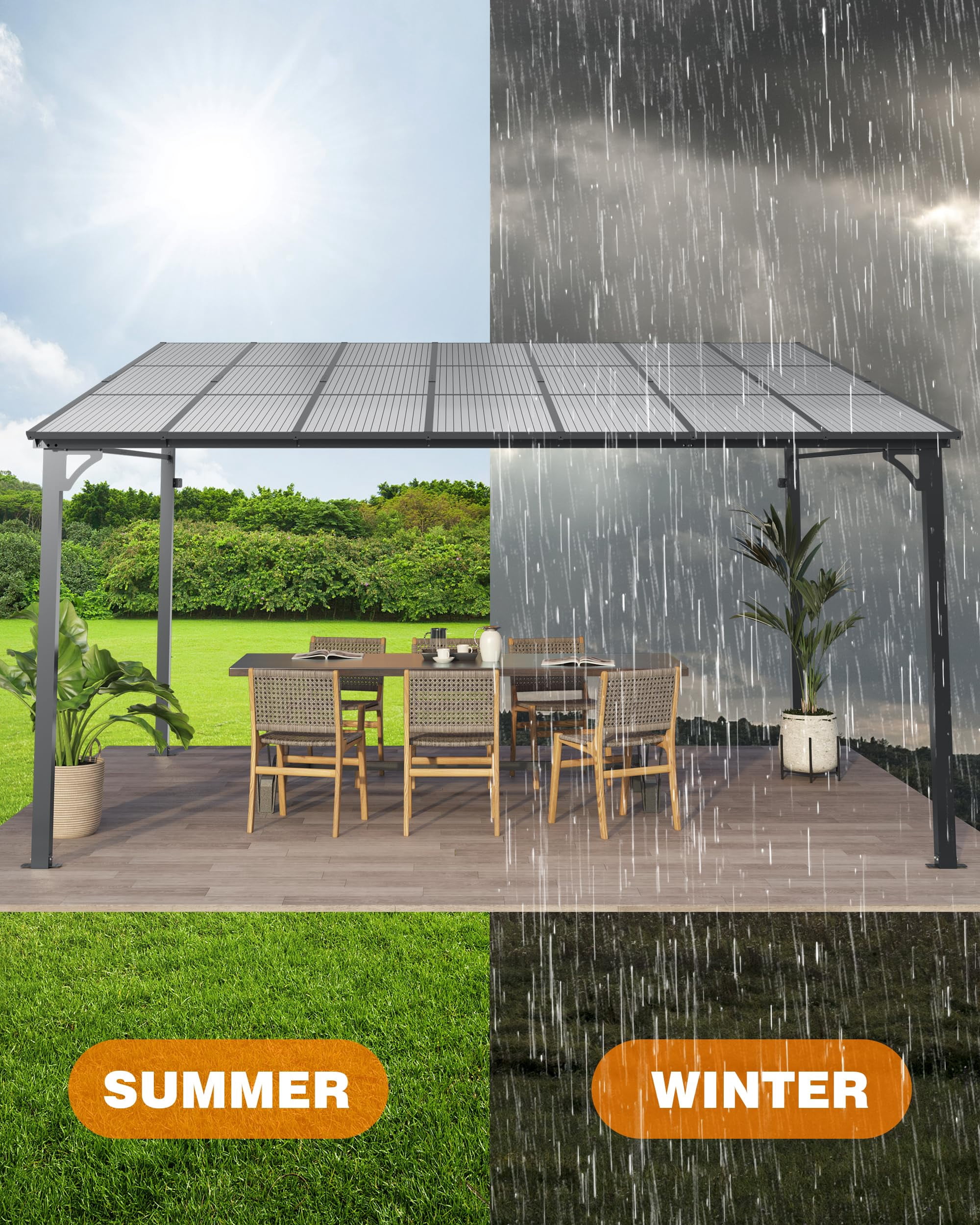 12’ x 20’ Gazebo, Wall Mounted Gazebos Pergola, Aluminum Frame, Outdoor Patio Lean to Gazebo Awnings for Deck, Porch, Backyard and More