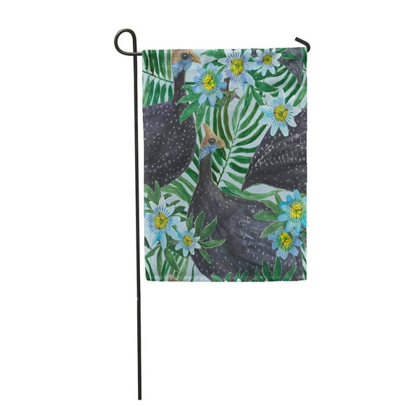 POGLIP Watercolor Painting with Guinea Fowl Birds and Blue Passion Flowers Summer Garden Flag Decorative Flag House Banner 28x40 inch