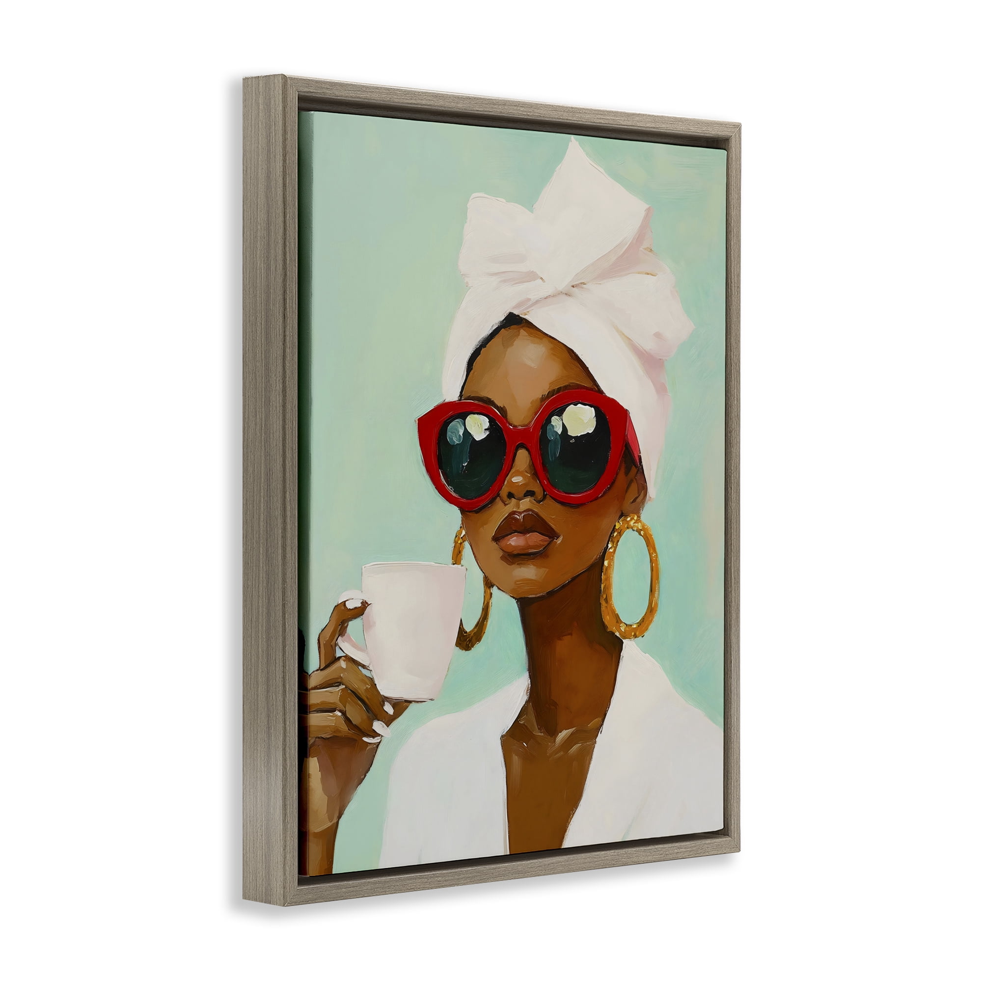 Stupell Industries Coffee Lover in Red Sunglasses Brown Framed Floater Canvas Wall Art, design by The Prints Vibe