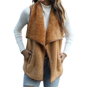 wsevypo Women Winter Vest, Solid Color Leopard Print Lapel Sleeveless Fleece Waistcoat