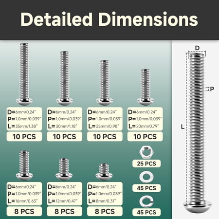 XZHANH-159Pcs M6 Machine Screw Assortment Kit M6 x 8/12/16/20/25/30/35mm Stainless Steel Button Head Socket Cap Bolts and Nuts Kit with Lock & Flat Washers Socket Head Metric Bolt Kit