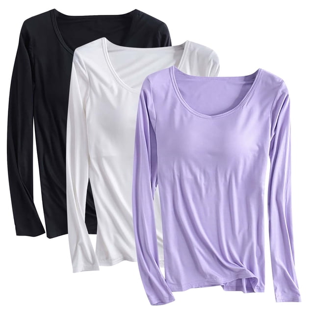 Fanxing Lot de 3 Hauts Grande Taille pour Femmes, Chemise à Manches Longues Ajustée et Extensible, Col Rond Léger