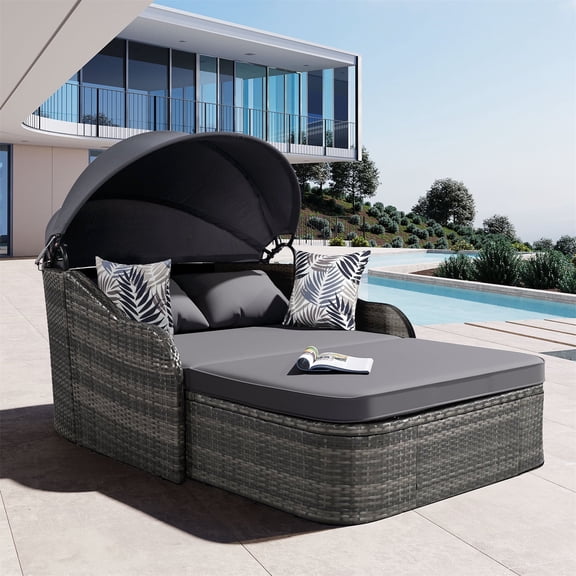 HighSound Outdoor Daybed, Patio Daybed with Retractable Canopy, High-Resilient Soft Cushions, 2-Person Lounge Bed, Outdoor Bed Loveseat for Garden, Backyard, Porch, Gray