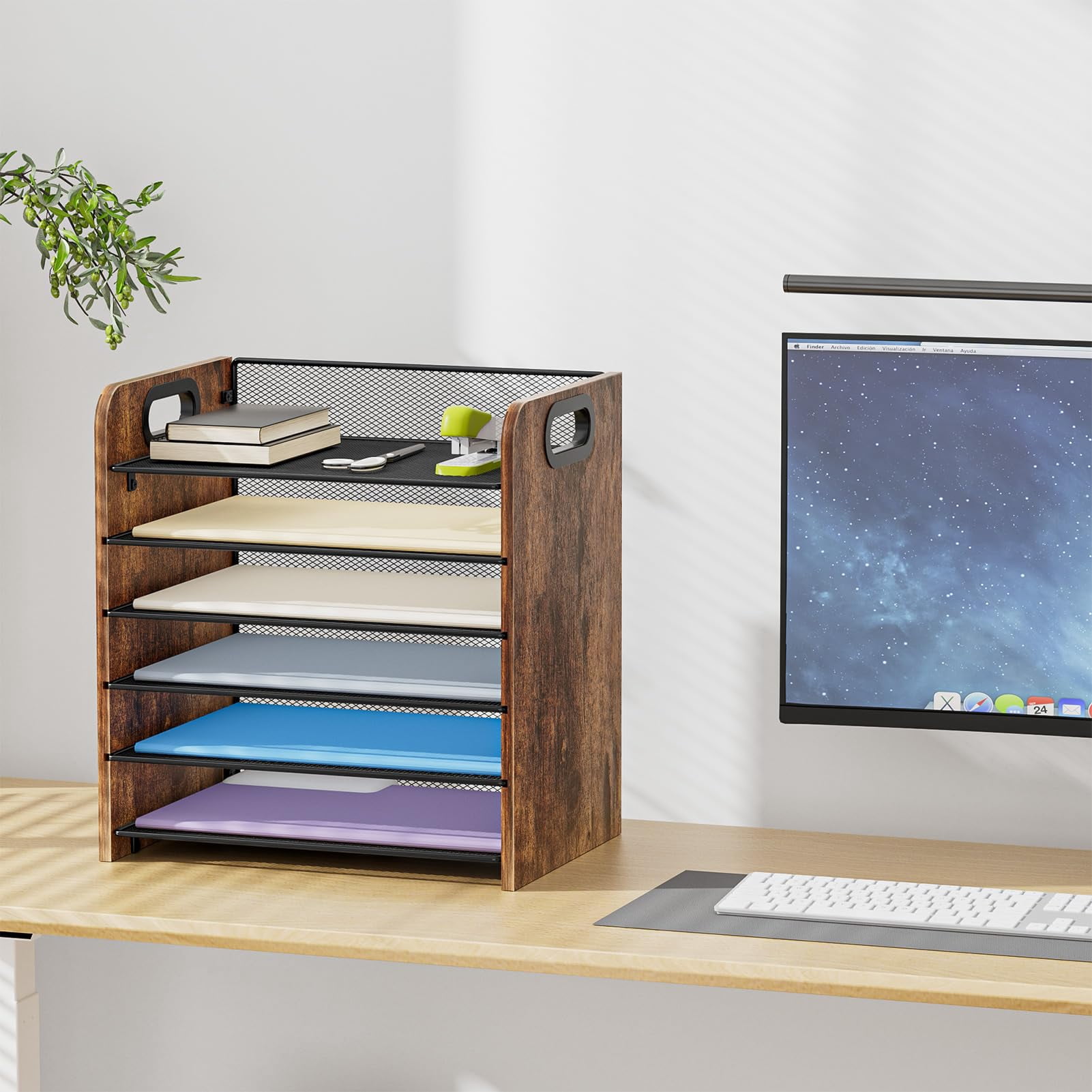 Marbrasse 6-Tier Wooden and Metal Mesh Desk Organizer with Handles, Office Paper Tray Letter Organizer for Home or Office