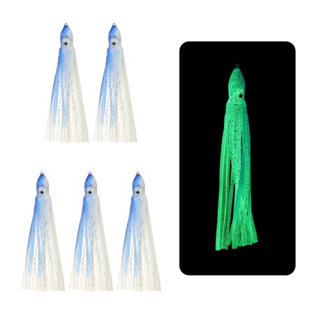 Fishing Squid Skirts Glow Soft Plastic Trolling Lures Fit for Bass Trout Salmon Saltwater Fishing Bait Clear Blue 3 Inch