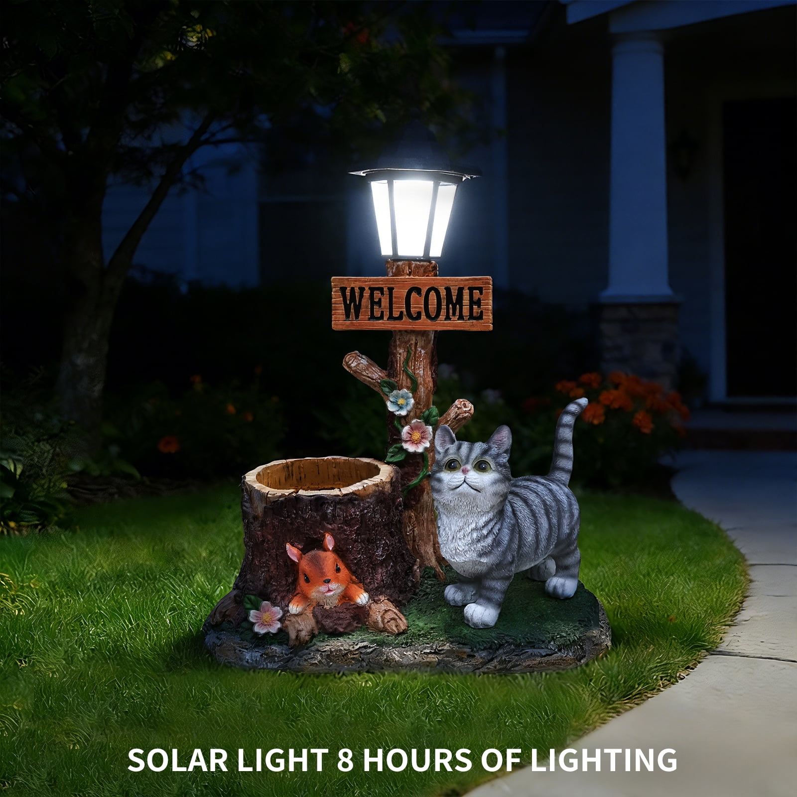 Cat Solar Planter Statue for Outdoor Decor, Garden Statue with Built-In Planter and LED Light, Weather-Resistant Resin for Yard, Patio, Brown