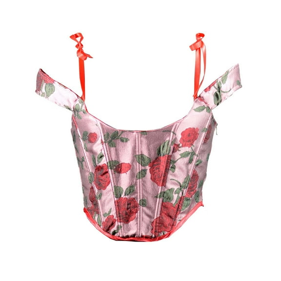 Women's Floral Corset Tops Tie Shoulder Boned Renaissance Corsets Bustier Drawstring Lace Up Y2k Crop Tank Tops Red, XXXL